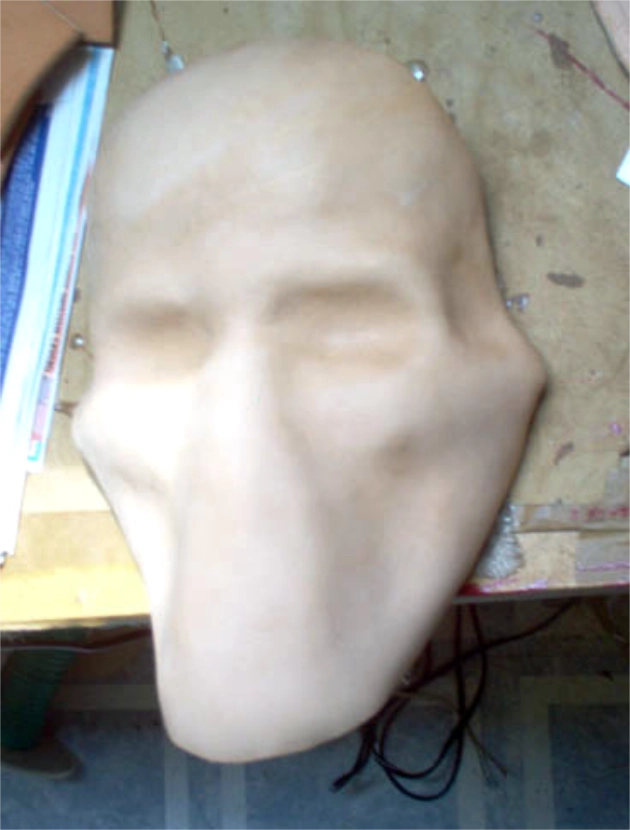 The plaster mold used for the face of the helmet.