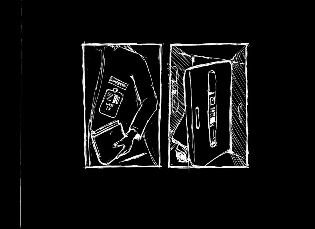 Samantha in laboratory. (version 1 sketch) (Drawn by Christopher Kuiper)