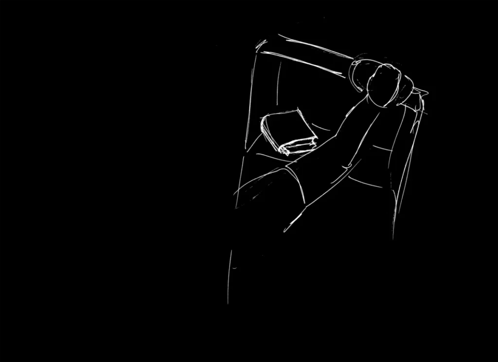 Samantha opening laboratory fridge. (version 1 sketch) (Drawn by Christopher Kuiper)