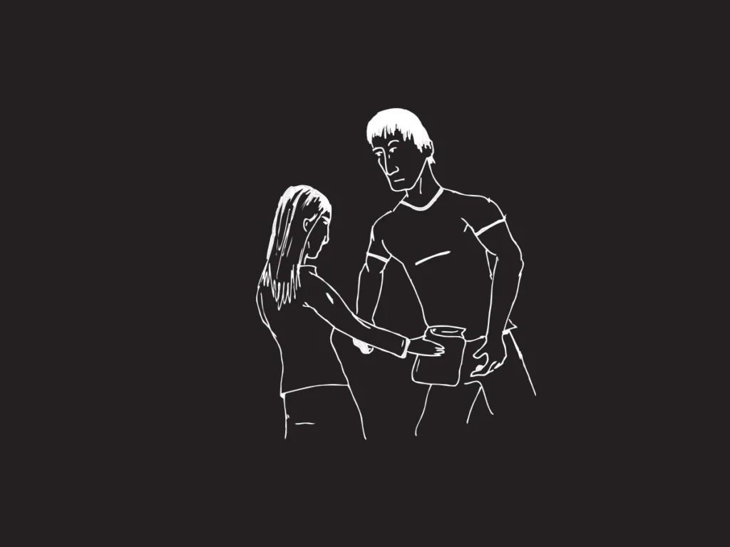 Samantha & Jonas pouch handoff. (version 1 sketch) (Drawn by Christopher Kuiper)