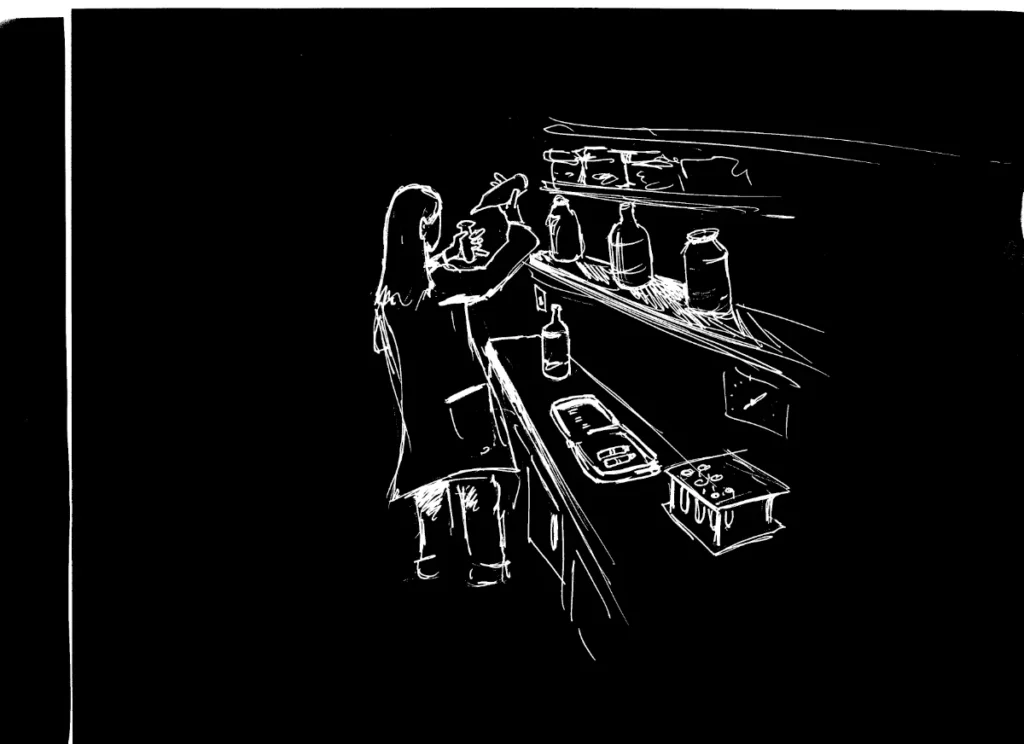 Samantha prepping in laboratory. (version 1 sketch) (Drawn by Christopher Kuiper)