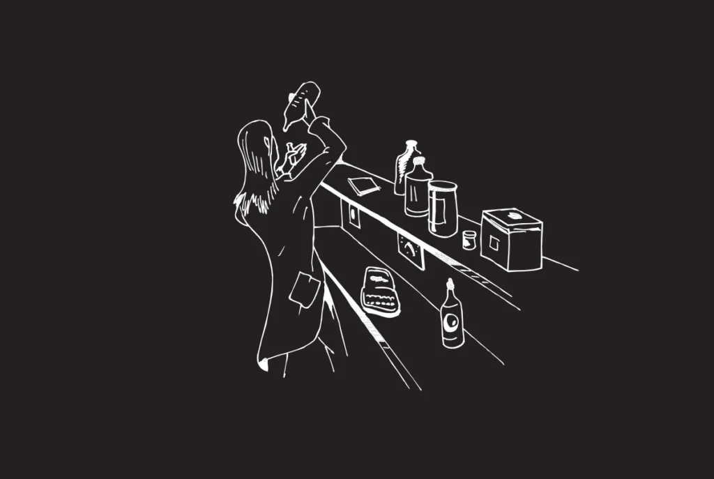 Samantha prepping in laboratory. (version 2 sketch) (Drawn by Christopher Kuiper)