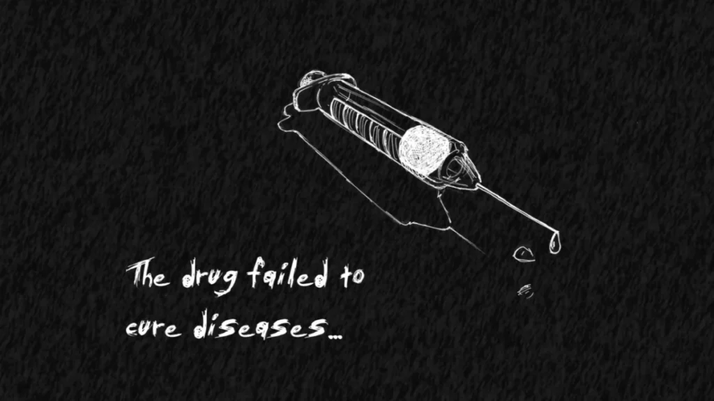Drug failed to cure diseases. (syringe drawing)