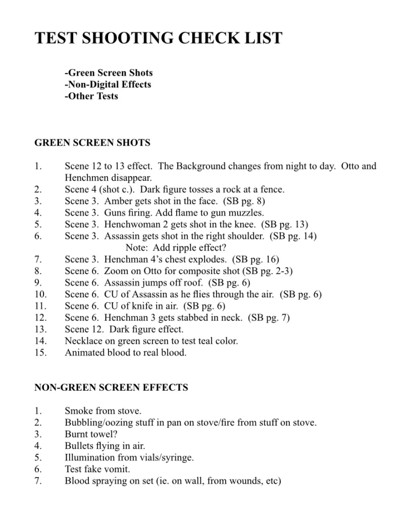 Test shoot checklist.