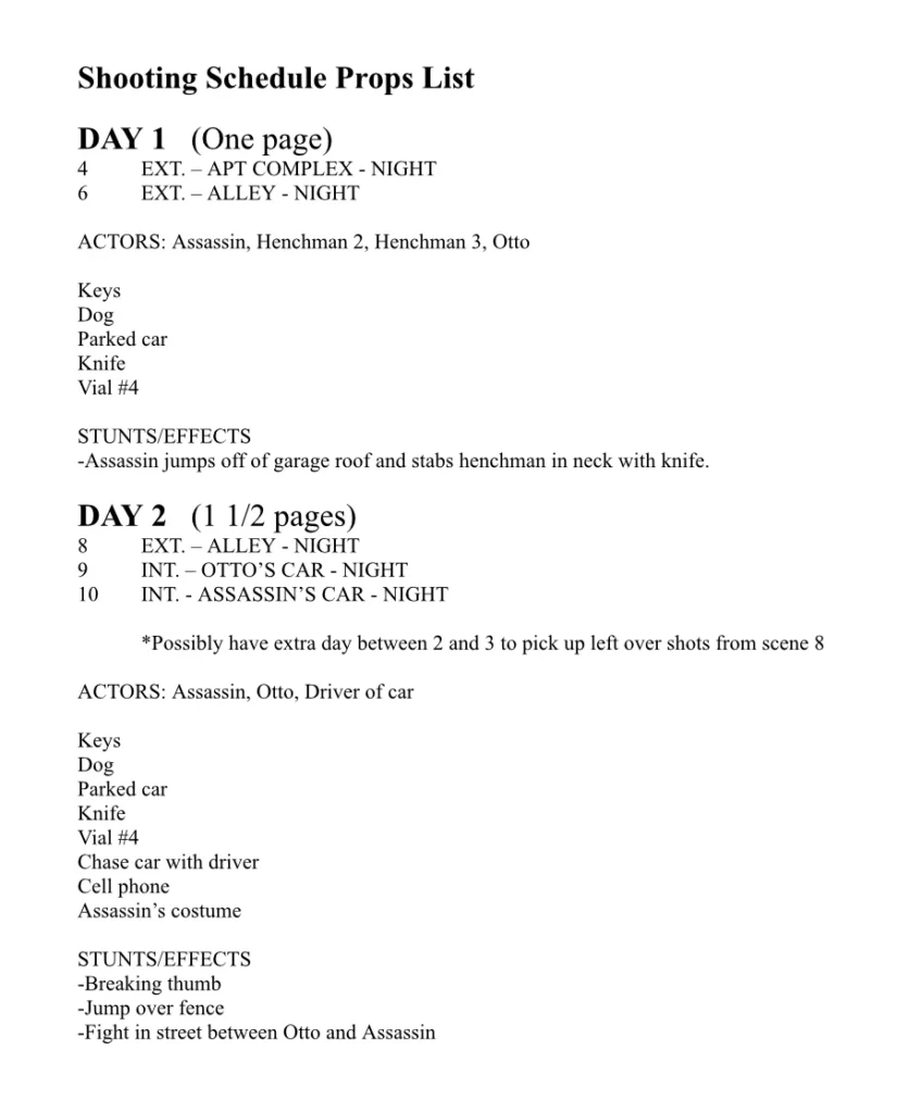Shooting schedule props list. Page 1.